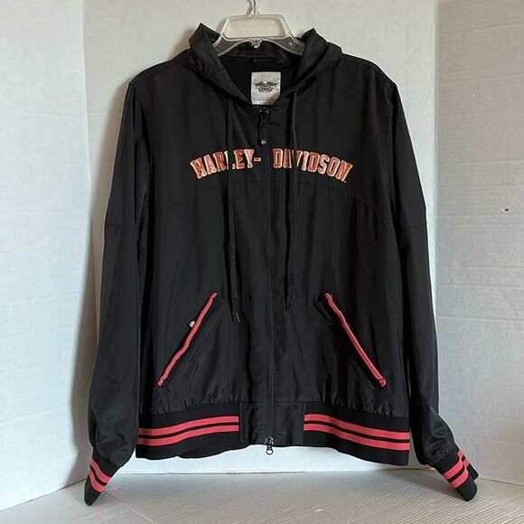 Harley Davidson Windbreaker Womens Size 2X Black Full Zip Pockets Hood Biker - Picture 1 of 16